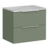 Venice Fluted 600mm Green Vanity Unit - Wall Hung 2 Drawer Unit with Bellato Grey Worktop & Chrome Handles
