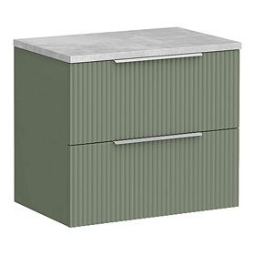 Venice Fluted 600mm Green Vanity Unit - Wall Hung 2 Drawer Unit with Bellato Grey Worktop & Chrome Handles
