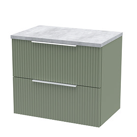 Venice Fluted 600mm Green Vanity Unit - Wall Hung 2 Drawer Unit with Bellato Grey Worktop & Chrome H