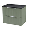 Venice Fluted 600mm Green Vanity Unit - Wall Hung 2 Drawer Unit with Black Worktop & Chrome Handles