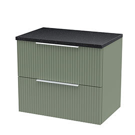 Venice Fluted 600mm Green Vanity Unit - Wall Hung 2 Drawer Unit with Black Worktop & Chrome Handles 