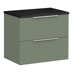 Venice Fluted 600mm Green Vanity Unit - Wall Hung 2 Drawer Unit with Black Worktop & Chrome Handles