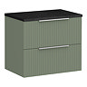 Venice Fluted 600mm Green Vanity Unit - Wall Hung 2 Drawer Unit with Black Worktop & Chrome Handles