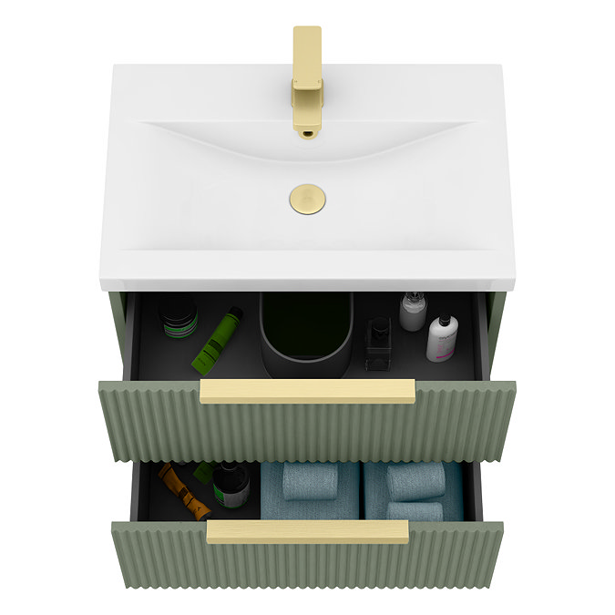 Venice Fluted 600mm Green Vanity Unit - Wall Hung 2 Drawer Unit with Brushed Brass Handles