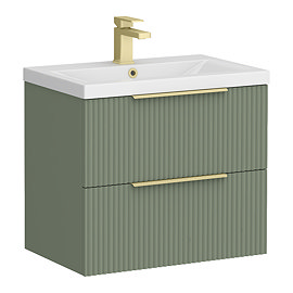 Venice Fluted 600mm Green Vanity Unit - Wall Hung 2 Drawer Unit with Brushed Brass Handles