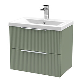 Venice Fluted 600mm Green Vanity Unit - Wall Hung 2 Drawer Unit with Chrome Handles Medium Image
