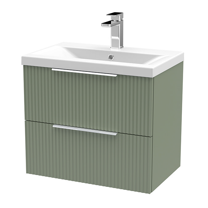 Venice Fluted 600mm Green Vanity Unit - Wall Hung 2 Drawer Unit with Chrome Handles Large Image
