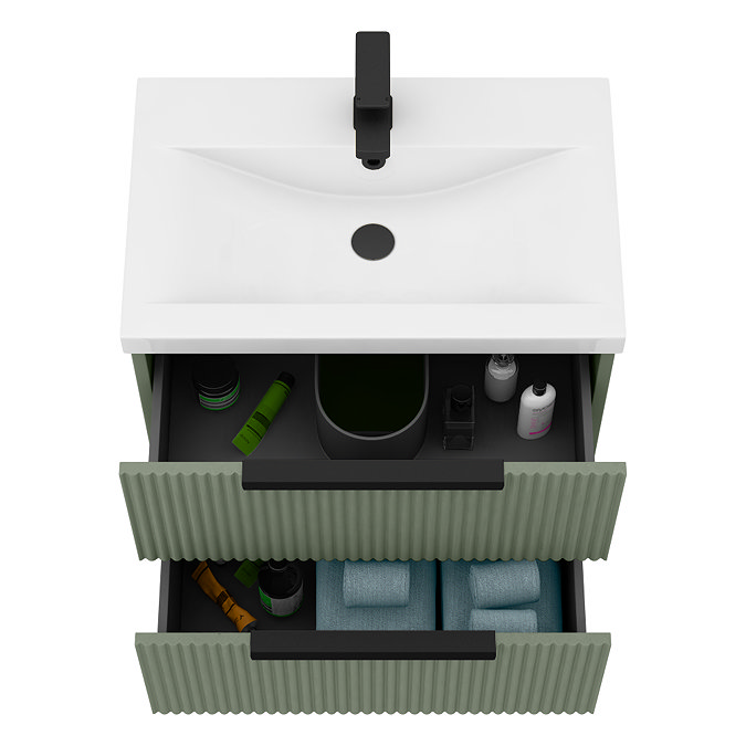 Venice Fluted 600mm Green Vanity Unit - Wall Hung 2 Drawer Unit with Matt Black Handles