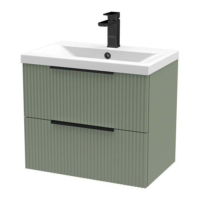 Venice Fluted 600mm Green Vanity Unit - Wall Hung 2 Drawer Unit with Matt Black Handles