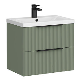 Venice Fluted 600mm Green Vanity Unit - Wall Hung 2 Drawer Unit with Matt Black Handles