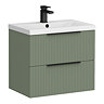 Venice Fluted 600mm Green Vanity Unit - Wall Hung 2 Drawer Unit with Matt Black Handles