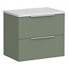Venice Fluted 600mm Green Vanity Unit - Wall Hung 2 Drawer Unit with White Worktop & Chrome Handles