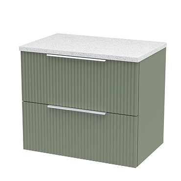 Venice Fluted 600mm Green Vanity Unit - Wall Hung 2 Drawer Unit with White Worktop & Chrome Handles 