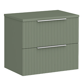 Venice Fluted 600mm Green Vanity Unit - Wall Hung 2 Drawer Unit with Worktop & Chrome Handles