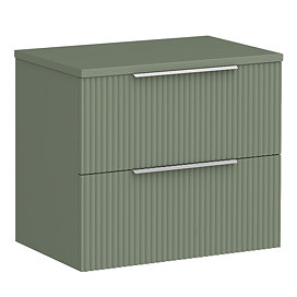 Venice Fluted 600mm Green Vanity Unit - Wall Hung 2 Drawer Unit with Worktop & Chrome Handles