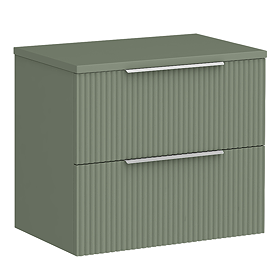 Venice Fluted 600mm Green Vanity Unit - Wall Hung 2 Drawer Unit with Worktop & Chrome Handles