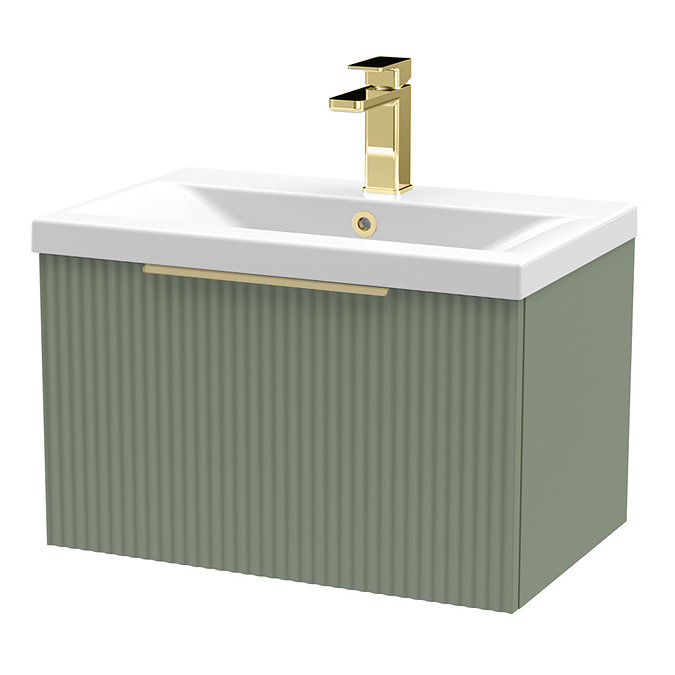Venice Fluted 600mm Green Vanity Unit - Wall Hung Single Drawer Unit with Brushed Brass Handle