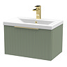 Venice Fluted 600mm Green Vanity Unit - Wall Hung Single Drawer Unit with Brushed Brass Handle