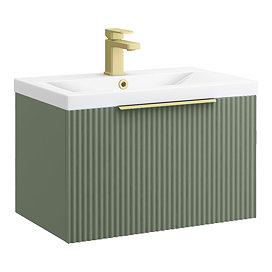 Venice Fluted 600mm Green Vanity Unit - Wall Hung Single Drawer Unit with Brushed Brass Handle