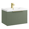 Venice Fluted 600mm Green Vanity Unit - Wall Hung Single Drawer Unit with Brushed Brass Handle