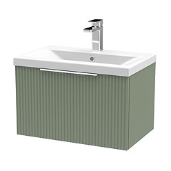 Venice Fluted 600mm Green Vanity Unit - Wall Hung Single Drawer Unit with Chrome Handle Large Image
