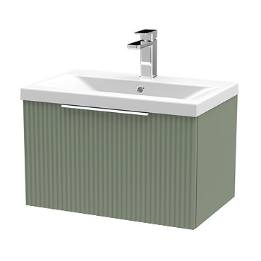 Venice Fluted 600mm Green Vanity Unit - Wall Hung Single Drawer Unit with Chrome Handle  Profile Lar