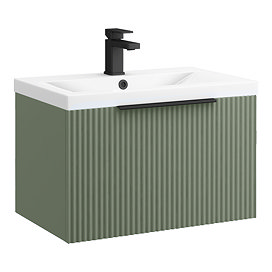 Venice Fluted 600mm Green Vanity Unit - Wall Hung Single Drawer Unit with Matt Black Handle