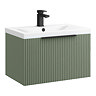Venice Fluted 600mm Green Vanity Unit - Wall Hung Single Drawer Unit with Matt Black Handle