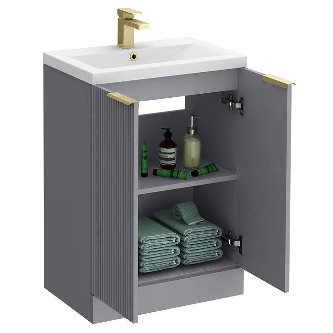 Venice Fluted 600mm Grey Vanity Unit - Floor Standing 2 Door Unit with Brushed Brass Handles