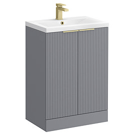 Venice Fluted 600mm Grey Vanity Unit - Floor Standing 2 Door Unit with Brushed Brass Handles