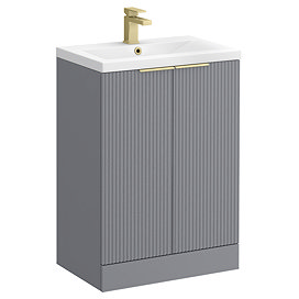 Venice Fluted 600mm Grey Vanity Unit - Floor Standing 2 Door Unit with Brushed Brass Handles