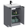 Venice Fluted 600mm Grey Vanity Unit - Floor Standing 2 Door Unit with Matt Black Handles