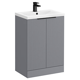 Venice Fluted 600mm Grey Vanity Unit - Floor Standing 2 Door Unit with Matt Black Handles