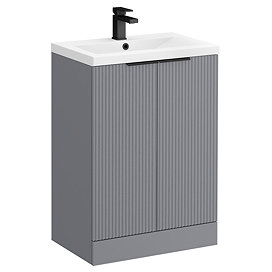 Venice Fluted 600mm Grey Vanity Unit - Floor Standing 2 Door Unit with Matt Black Handles