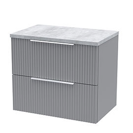 Venice Fluted 600mm Grey Vanity Unit - Wall Hung 2 Drawer Unit with Bellato Grey Worktop & Chrome Ha