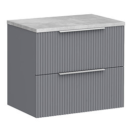 Venice Fluted 600mm Satin Grey Vanity Unit – Wall‑Hung 2‑Drawer with Bellato Grey Concrete‑Effect Worktop & Chrome Handles