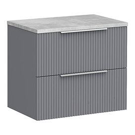 Venice Fluted 600mm Satin Grey Vanity Unit – Wall‑Hung 2‑Drawer with Bellato Grey Concrete‑Effect Worktop & Chrome Handles