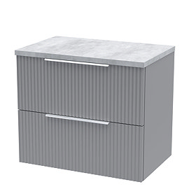 Venice Fluted 600mm Grey Vanity Unit - Wall Hung 2 Drawer Unit with Bellato Grey Worktop & Chrome Ha