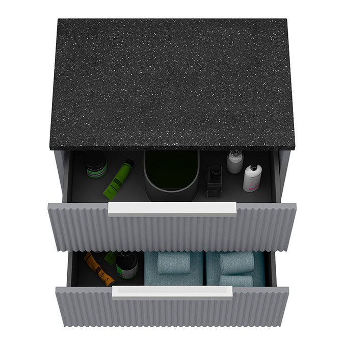 Venice Fluted 600mm Satin Grey Vanity Unit – Wall‑Hung 2‑Drawer with Sparkling Black Quartz‑Effect Worktop & Chrome Handles