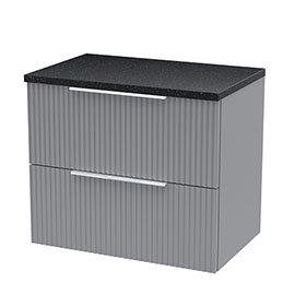 Venice Fluted 600mm Grey Vanity Unit - Wall Hung 2 Drawer Unit with Black Worktop & Chrome Handles M