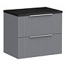 Venice Fluted 600mm Satin Grey Vanity Unit – Wall‑Hung 2‑Drawer with Sparkling Black Quartz‑Effect Worktop & Chrome Handles