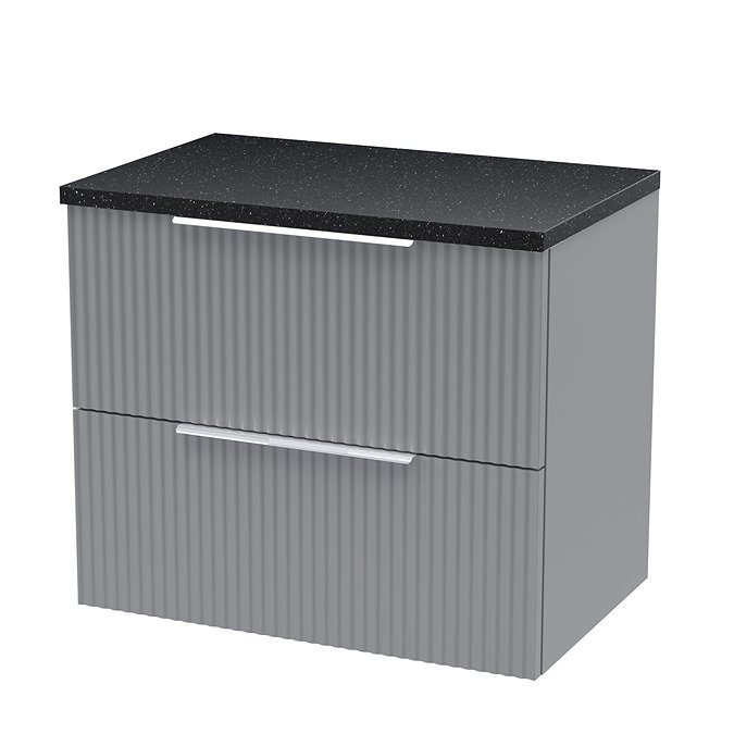 Venice Fluted 600mm Grey Vanity Unit - Wall Hung 2 Drawer Unit with Black Worktop & Chrome Handles L