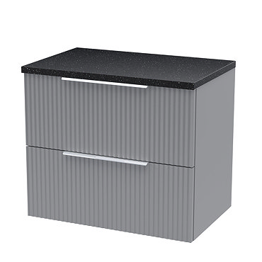 Venice Fluted 600mm Grey Vanity Unit - Wall Hung 2 Drawer Unit with Black Worktop & Chrome Handles  