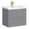 Venice Fluted 600mm Grey Vanity Unit - Wall Hung 2 Drawer Unit with Brushed Brass Handles