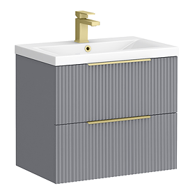 Venice Fluted 600mm Grey Vanity Unit - Wall Hung 2 Drawer Unit with Brushed Brass Handles