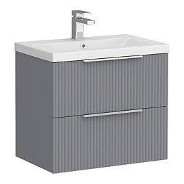 Venice Fluted 600mm Grey Vanity Unit - Wall Hung 2 Drawer Unit with Chrome Handles