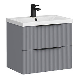 Venice Fluted 600mm Grey Vanity Unit - Wall Hung 2 Drawer Unit with Matt Black Handles