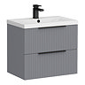 Venice Fluted 600mm Grey Vanity Unit - Wall Hung 2 Drawer Unit with Matt Black Handles