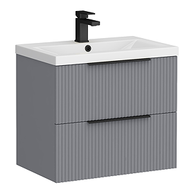 Venice Fluted 600mm Grey Vanity Unit - Wall Hung 2 Drawer Unit with Matt Black Handles