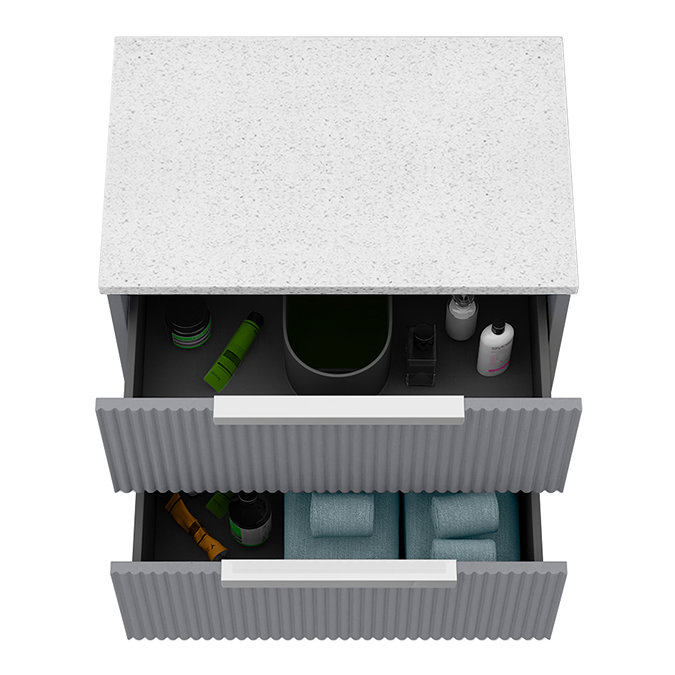 Venice Fluted 600mm Grey Vanity Unit - Wall Hung 2 Drawer Unit with White Worktop & Chrome Handles